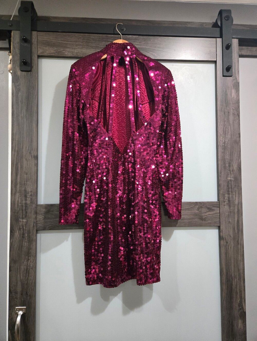 Niteline Vintage 90s Sequin High Neck Cutout Back Knee Length Dress 4 - Picture 3 of 7